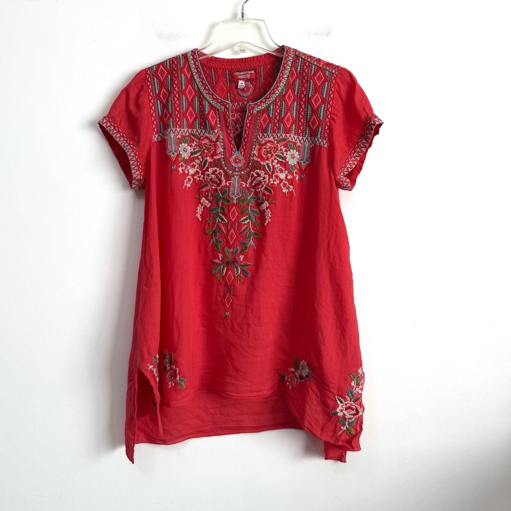 Johnny Was Cyrielle Embroidered Top M Short Sleeve Boho Hot Coral Pink Tunic